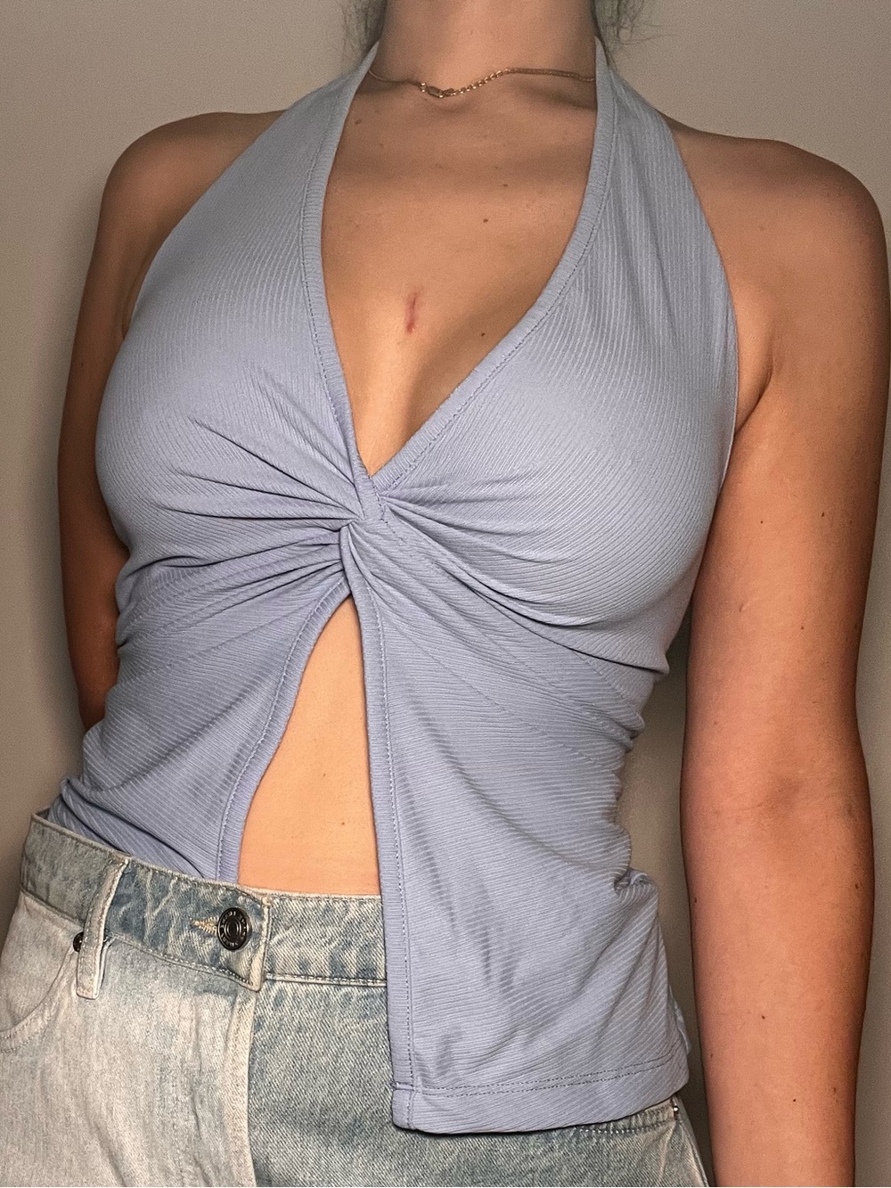 Kookai Blue Ribbed Twist Front Halter Top